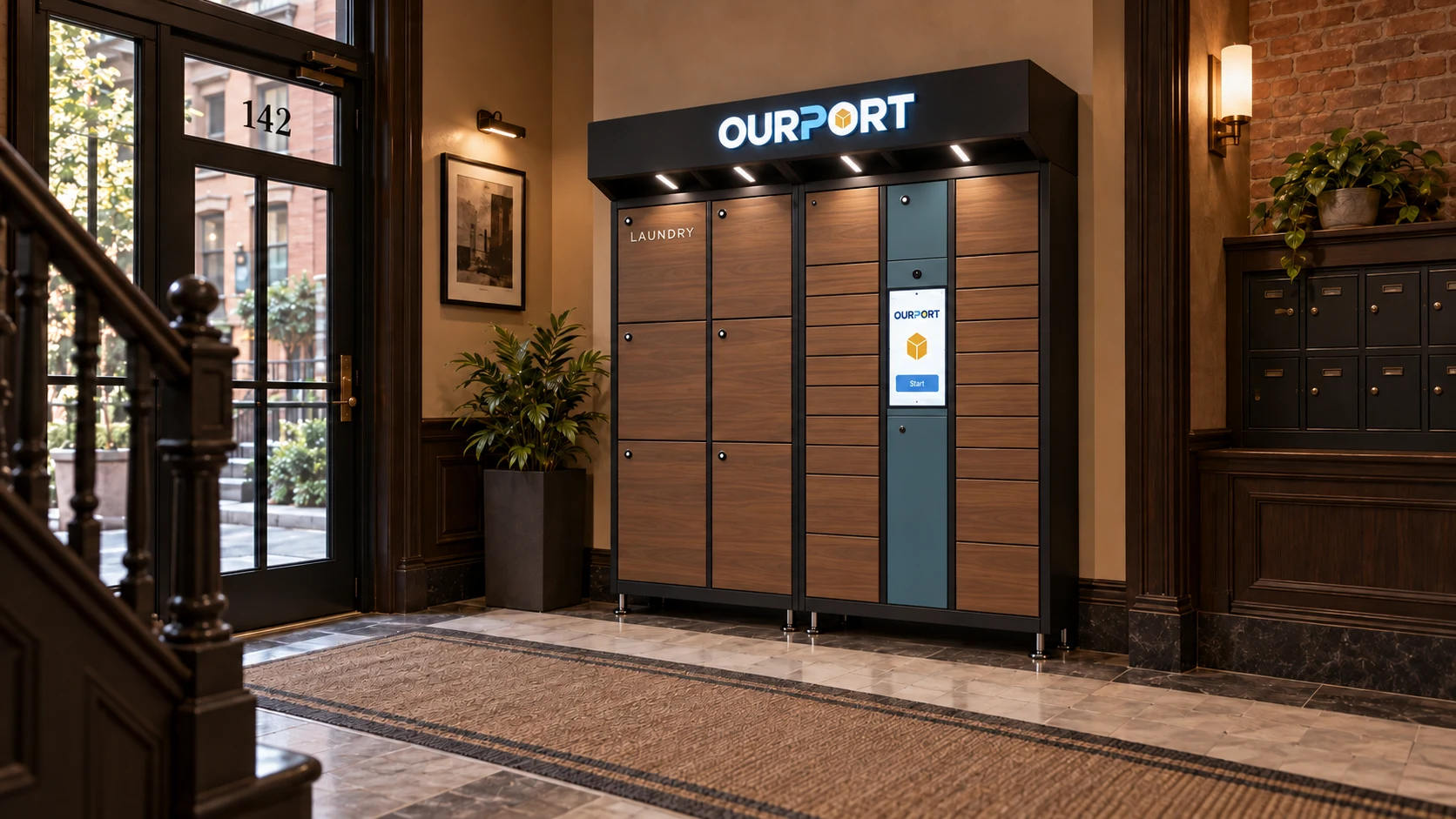 Illustrative OurPort locker cabinet in a residential entry lobby.