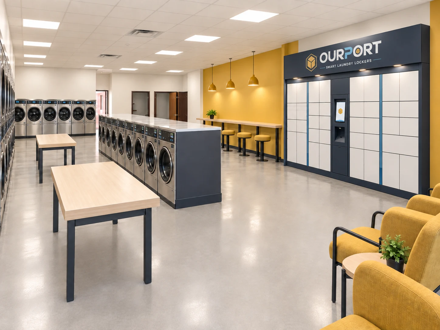 Proposed OurPort laundry locker wall within a bright laundromat, with machines and clear circulation space.