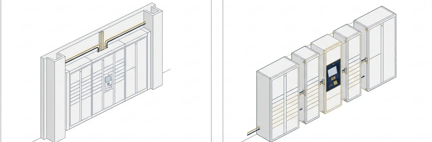Concept drawings of a fitted locker wall and separate modular locker bays.