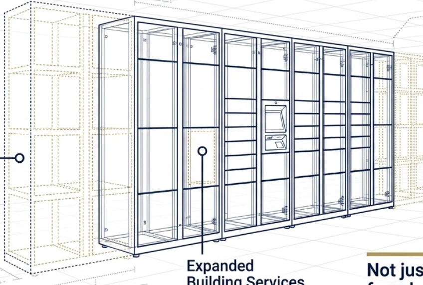 Concept drawing of an expanded locker service wall.